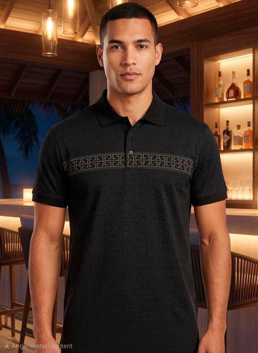Man wearing a black polo shirt with a decorative pattern in a bar setting