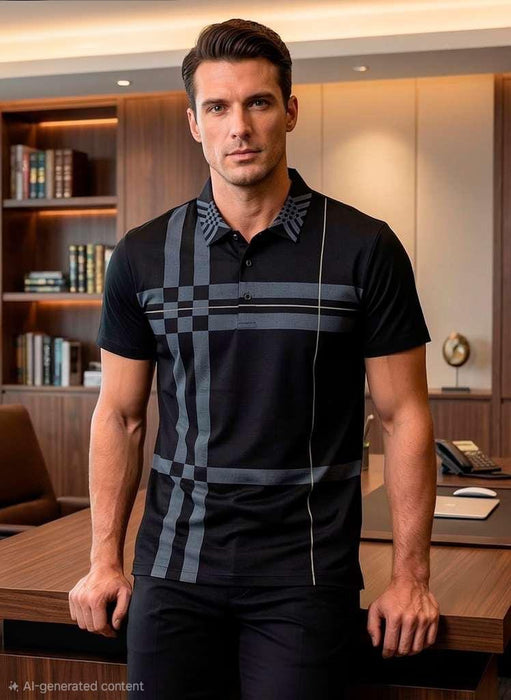 Man wearing a black checkered polo shirt in an office setting