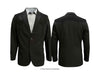 A black western-style blazer shown from both the front and back views, styled with a light gray dress shirt and tie on a plain white background.