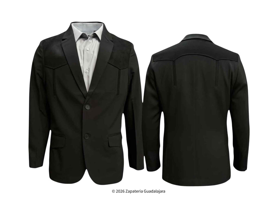 A black western-style blazer shown from both the front and back views, styled with a light gray dress shirt and tie on a plain white background.