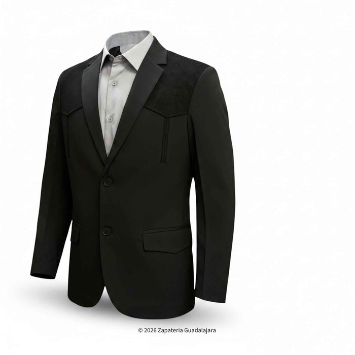 A black men's suit jacket with notched lapels, shown on a headless mannequin torso wearing a light gray dress shirt and tie, against a plain white background.