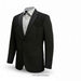 A black men's suit jacket with notched lapels, shown on a headless mannequin torso wearing a light gray dress shirt and tie, against a plain white background.