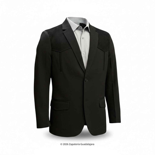 A black men's blazer jacket with notched lapels, welt chest pockets, and flap hand pockets, styled over a white dress shirt on a white background.