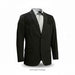 A black men's blazer jacket with notched lapels, welt chest pockets, and flap hand pockets, styled over a white dress shirt on a white background.