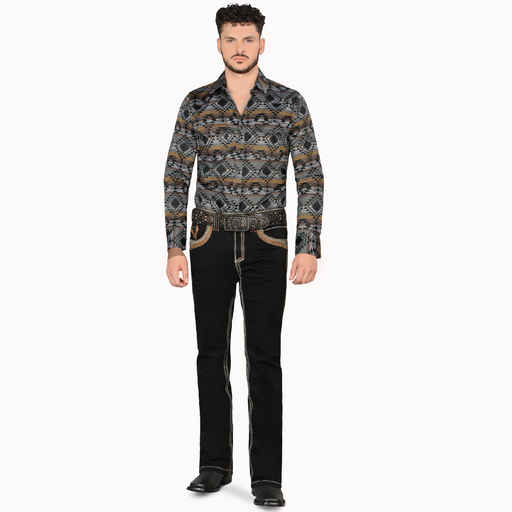 Man wearing a patterned shirt and black pants on a white background