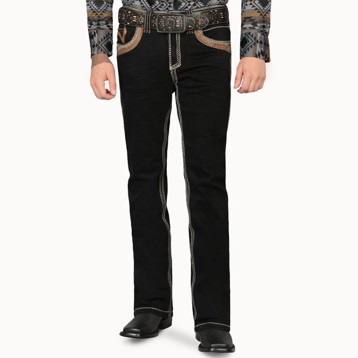 Black jeans with decorative elements on a white background