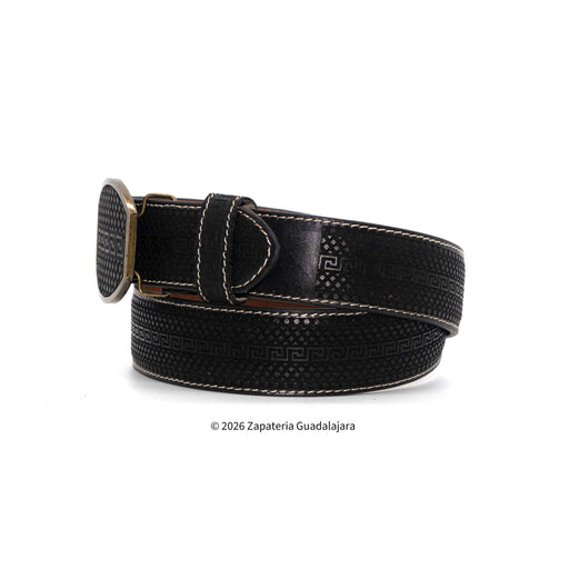 Black leather belt with a metallic buckle on a white background