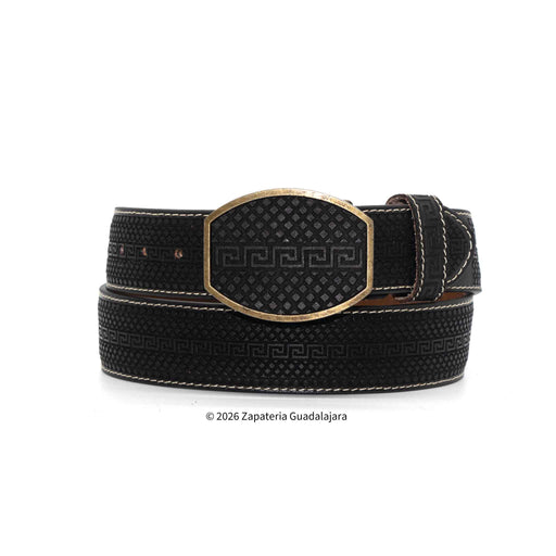 Black woven belt with a gold buckle on a white background