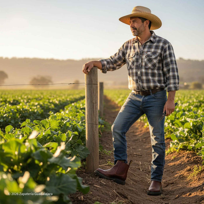 Man standing in a field wearing a plaid shirt, jeans, and a cowboy hat.