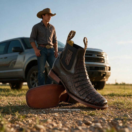 a pair of brown caiman belly leather boots with a cowboy standing in the background