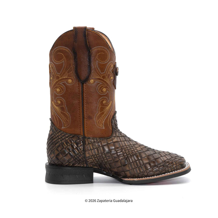 Bota vaquera color cafe en piel tejido petatillo con suela de hule-H52P3110