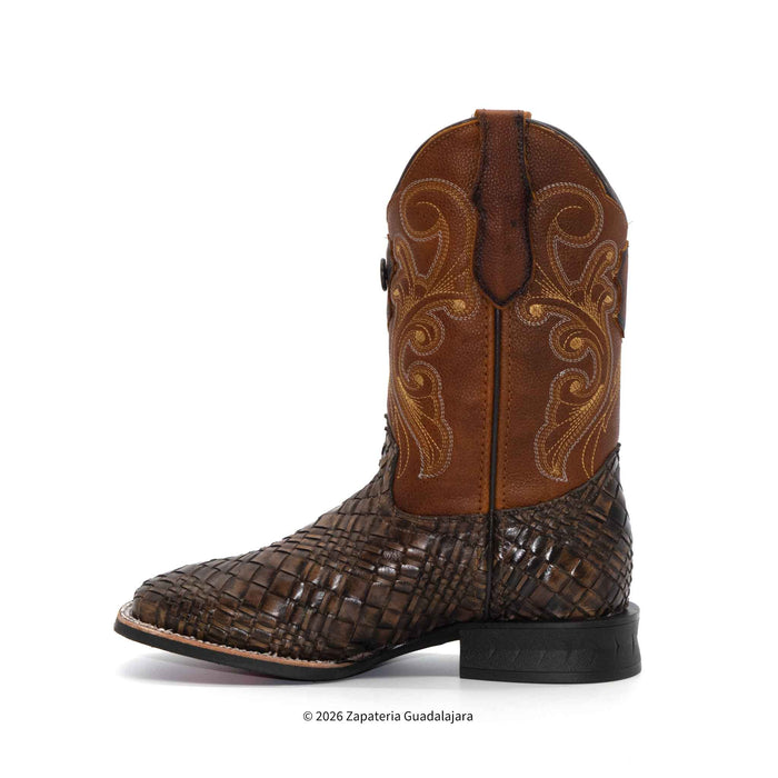 Bota vaquera color cafe en piel tejido petatillo con suela de hule-H52P3110