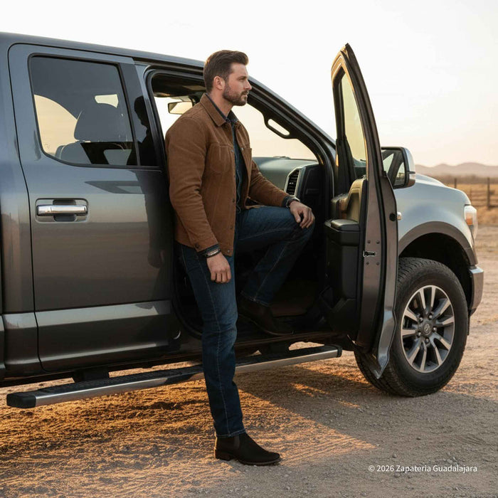 Man standing next to an open door of a silver SUV in a desert setting