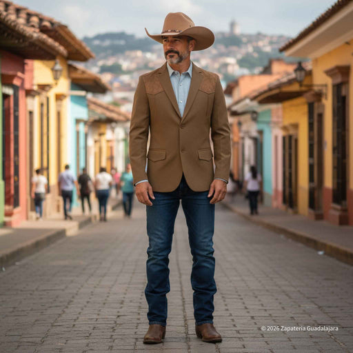 A man stands on a cobblestone street wearing a tan cowboy hat, tan blazer with brown textured shoulder panels, a light blue dress shirt, dark blue jeans, and brown boots. Colorful buildings line both sides of the street, with a blurred town and hills in the background.