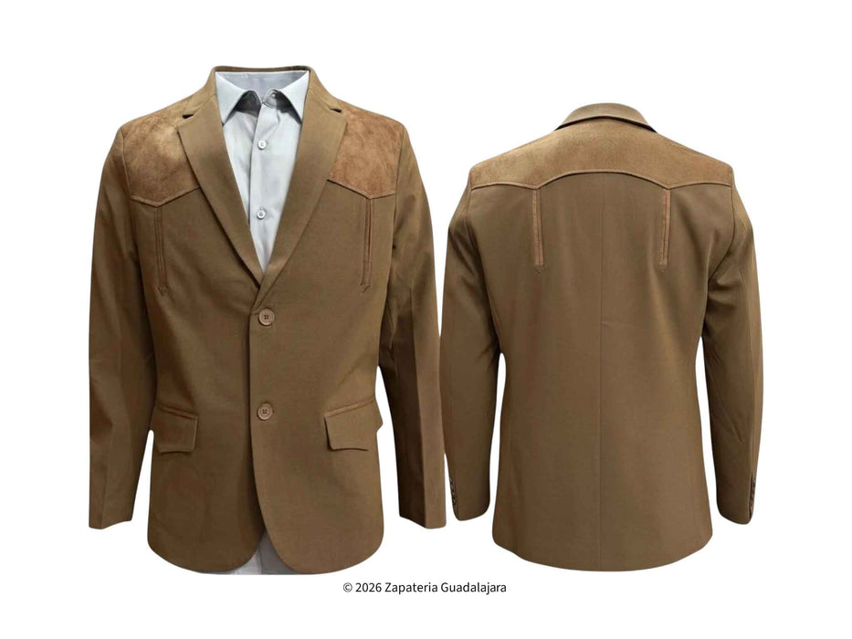 A brown western-style blazer shown from the front and back, featuring suede-like shoulder panels and flap pockets, displayed on a white background.