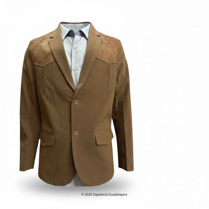 A brown tailored blazer with suede-like shoulder panels, shown layered over a light gray dress shirt and dark tie on a white background.