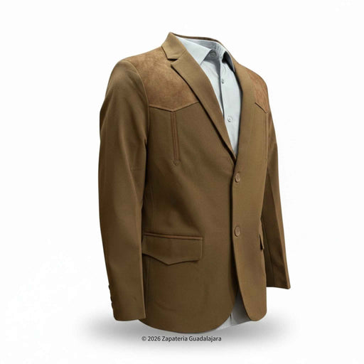 A brown tailored blazer with suede-like shoulder panels, shown on a white background with a light dress shirt underneath. A small copyright watermark is visible at the bottom.