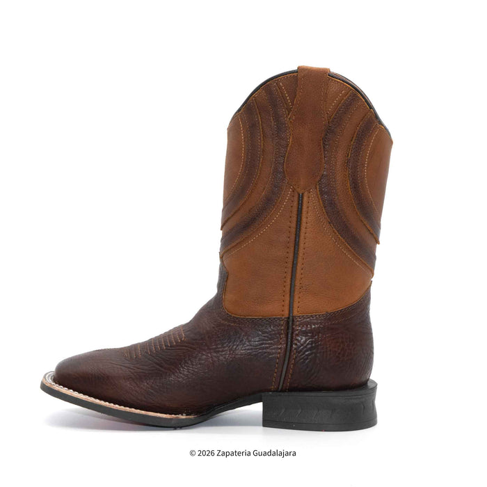 A single brown leather cowboy boot with a textured dark brown lower section and a smooth tan-brown shaft, shown in profile against a white background.
