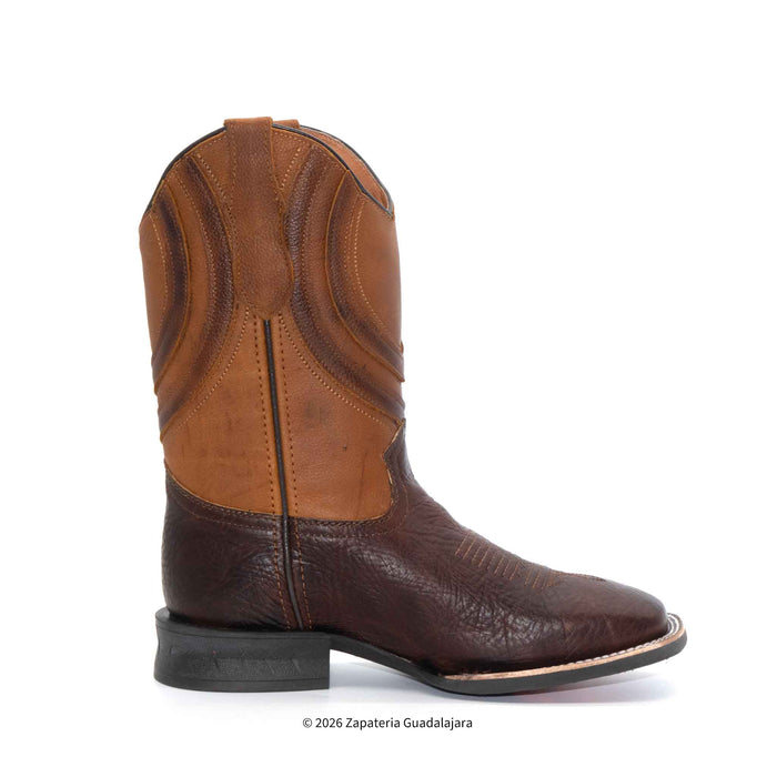 A single brown leather cowboy boot shown in side profile on a white background, featuring a dark brown textured lower section and a lighter tan stitched shaft.