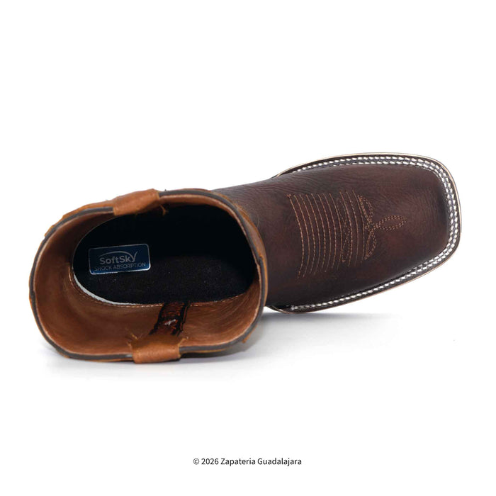 A brown leather western boot shown from a side-rear angle on a white background, featuring white contrast stitching, a stitched toe, and a visible Softstyle interior label.