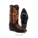 Brown cowboy boot with detailed design on a white background