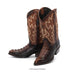Brown cowboy boots with intricate designs on a white background