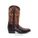 Brown cowboy boot with intricate design on a white background