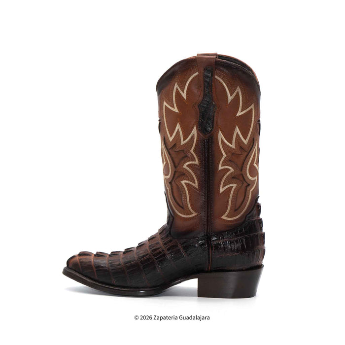 Brown cowboy boot with intricate white stitching on a white background