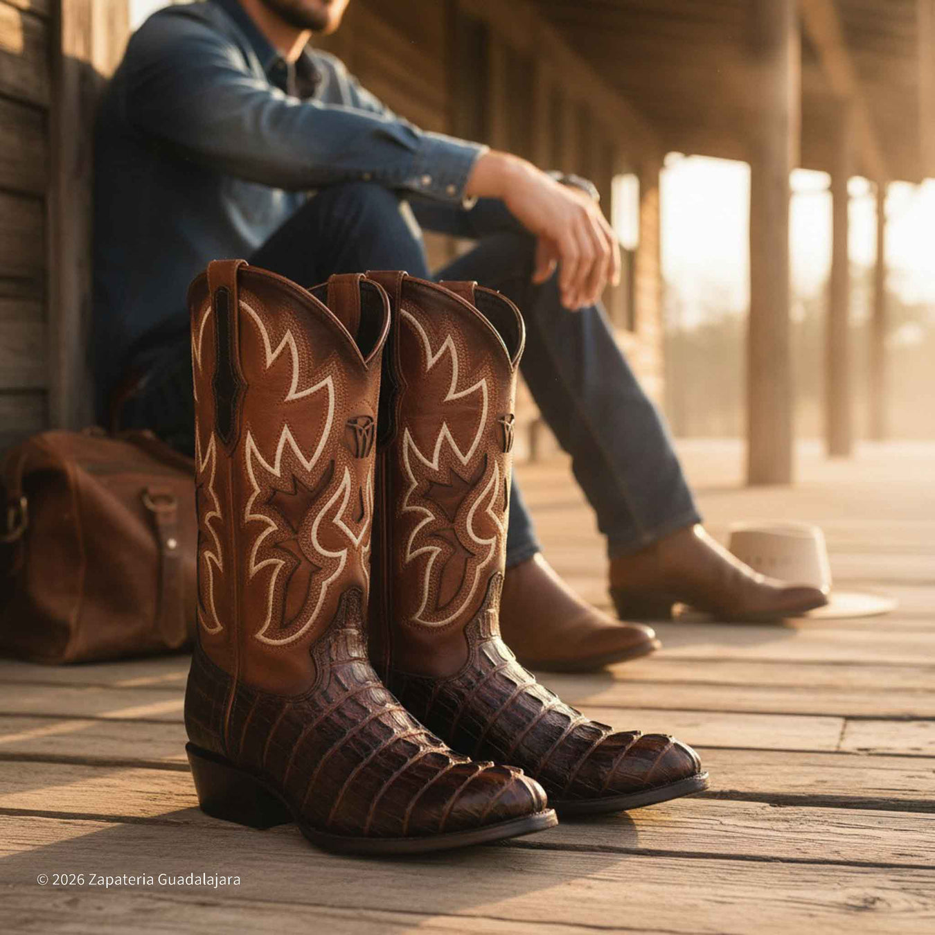 Brown cowboy boots with intricate designs on a wooden surface, with a person sitting in the background.