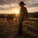 Man in a cowboy hat standing next to a horse in a field at sunset.