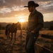 Man in a cowboy hat standing next to a horse at sunset in a field.