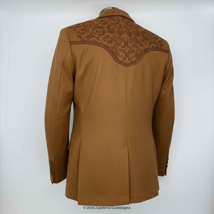 Brown jacket with intricate embroidery on a white background
