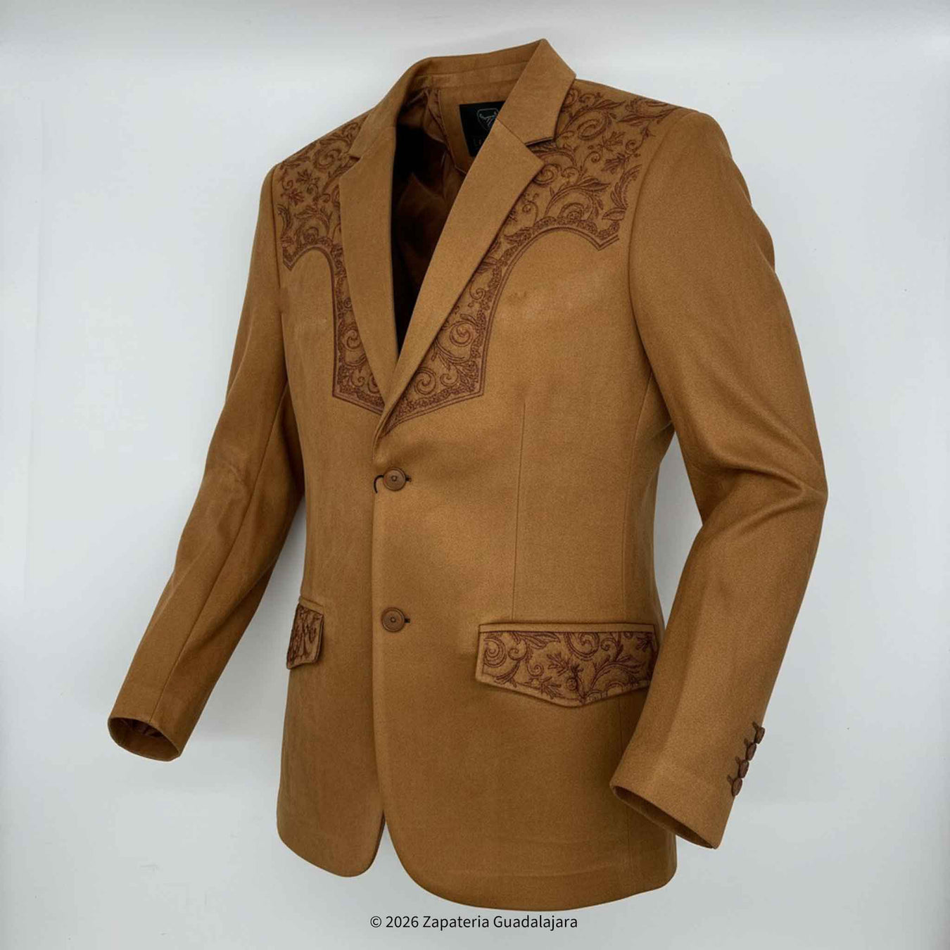 Brown blazer with intricate embroidery on a white background