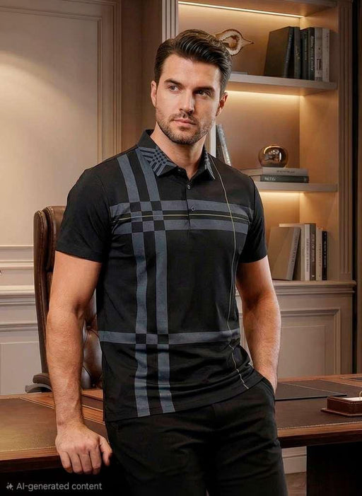 Man wearing a black and gray checkered polo shirt in an office setting