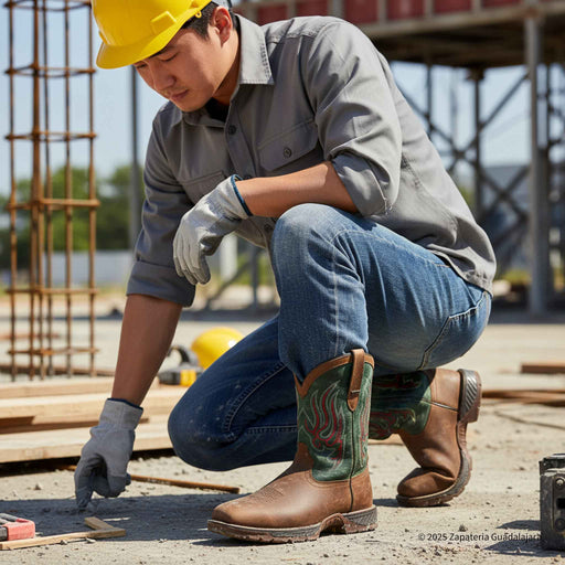 Worker in construction site wearing hard hat, gloves, and boots.