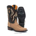 A pair of western cowboy boots in tan and black leather, featuring decorative embroidered stitching on the shaft and a square toe. One boot is shown from the side, and the other is turned to show the outsole.