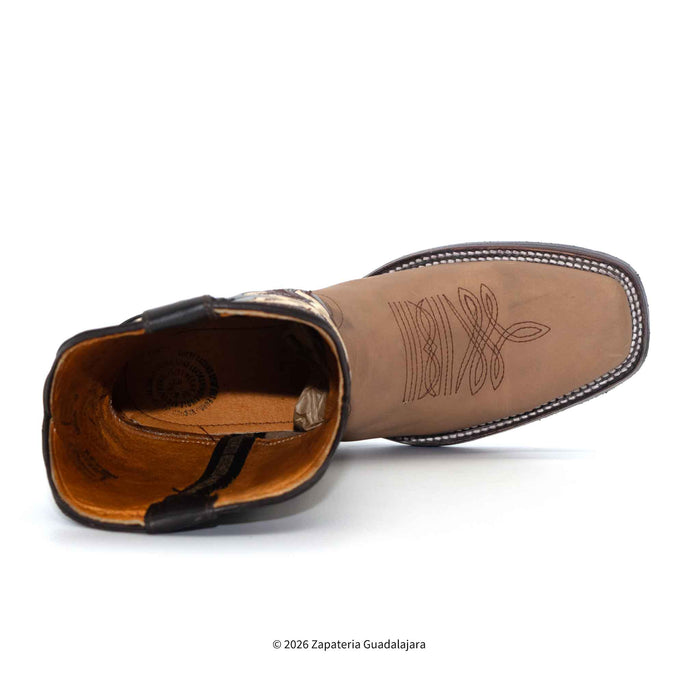 A single brown leather boot shown from a side profile view on a white background, featuring a stitched square toe, western-style decorative stitching on the side, and a contrasting black collar.