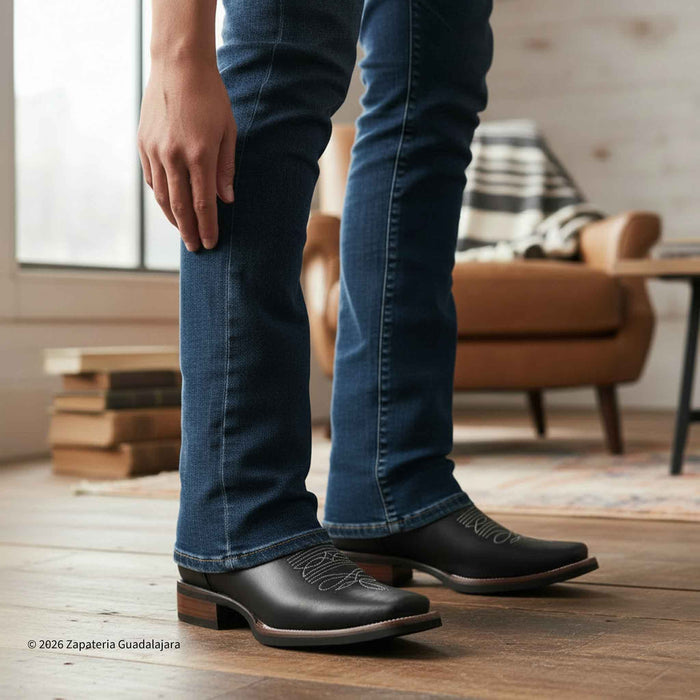 Crazy Black Square Toe Rubber Sole Leather Boot-010146 Crazy Black Square Toe Rubber Sole Leather Boot-010146