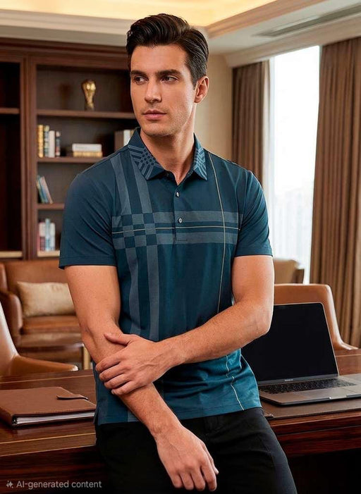 Man wearing a blue checkered polo shirt in an office setting