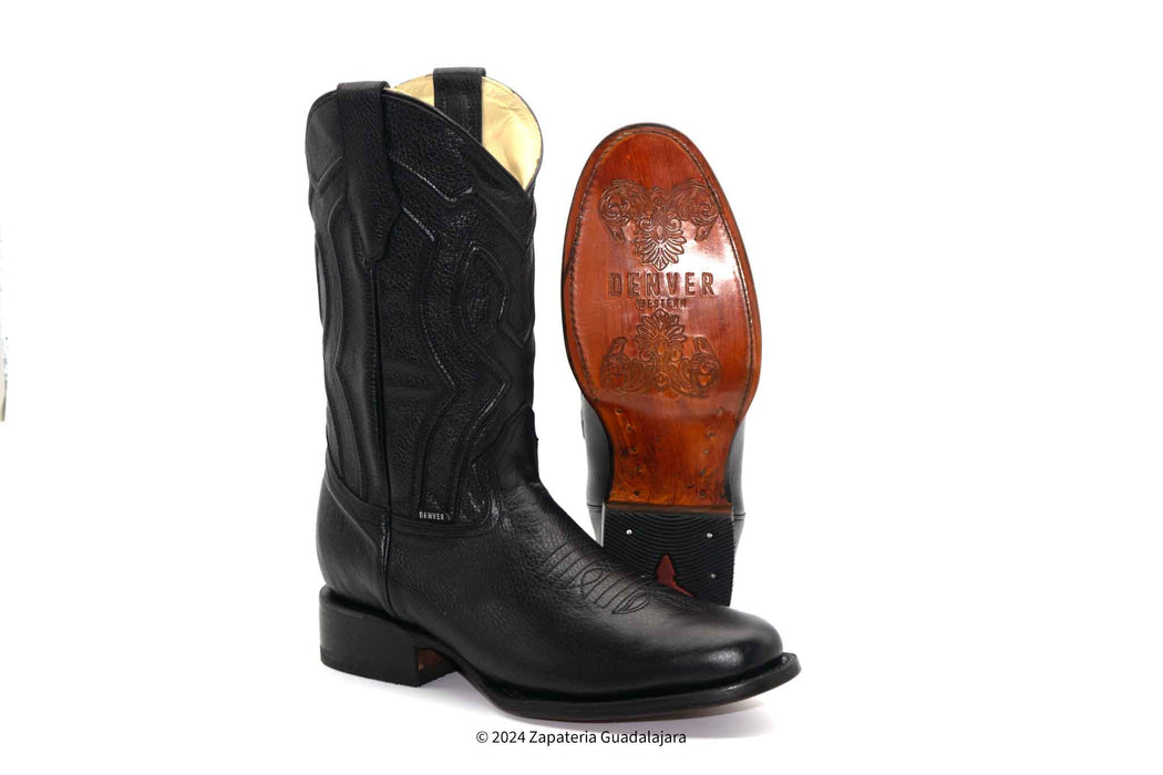 DENVER MEN OLD WEST CLASSIC ROUND TOE BLACK LEATHER BOOT