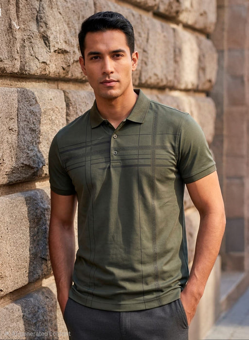Man wearing a green polo shirt standing against a stone wall.