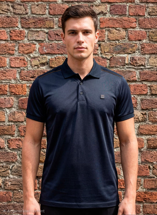 Man wearing a navy polo shirt against a brick wall