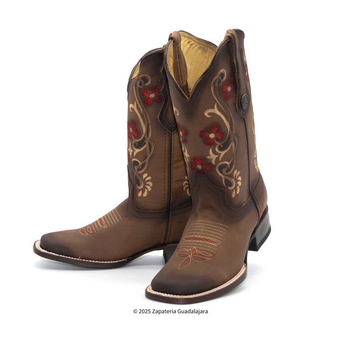 Faded Tabacco Wide Square Toe Leather Boot-ZG013