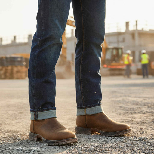 Person wearing brown boots and blue jeans on a construction site with equipment and workers in the background.