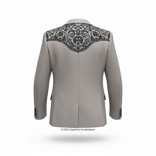 Gray blazer with black floral embroidery on a white background