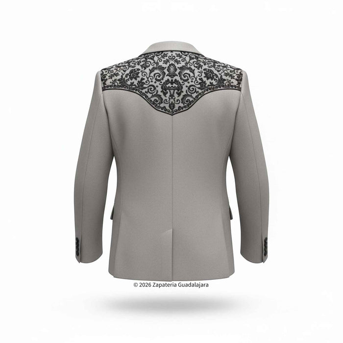 Gray blazer with black floral embroidery on a white background