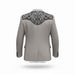 Gray blazer with black floral embroidery on a white background