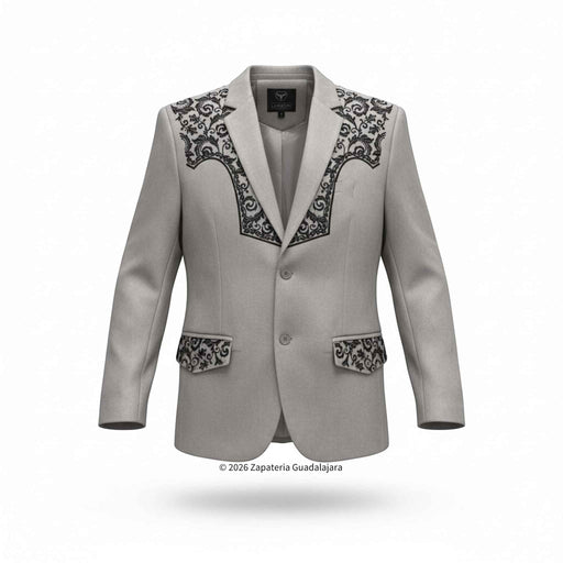 Gray blazer with decorative patterns on a white background