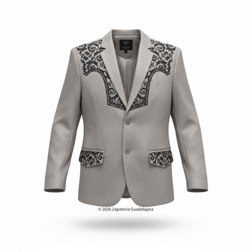 Gray blazer with decorative patterns on a white background