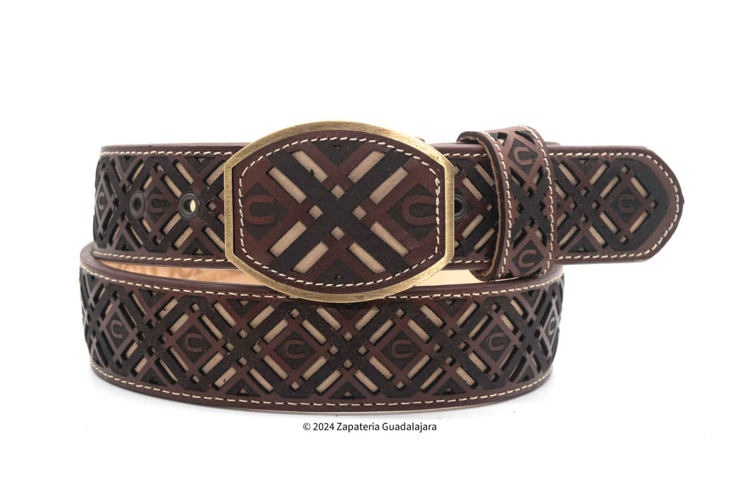 H061 WESTERN 2" LASER LEATHER BELT BROWN